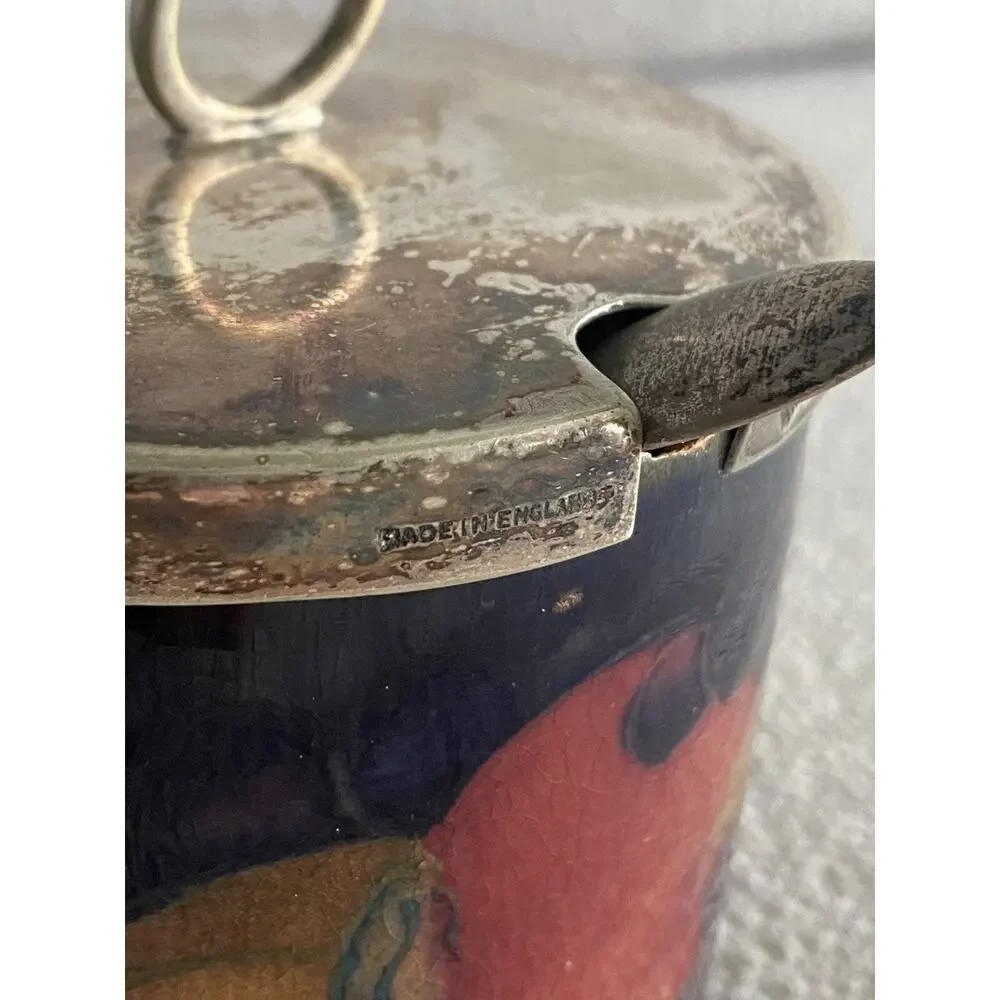 Rare Vintage Moorcroft Sterling Silver Art Pottery Jar & Spoon Antique Sugar